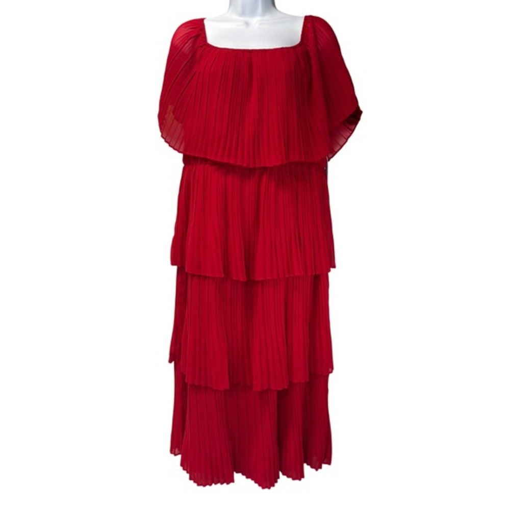 Premier Amour Tiered Ruffle Pleated Midi Dress 16 Red Chiffon